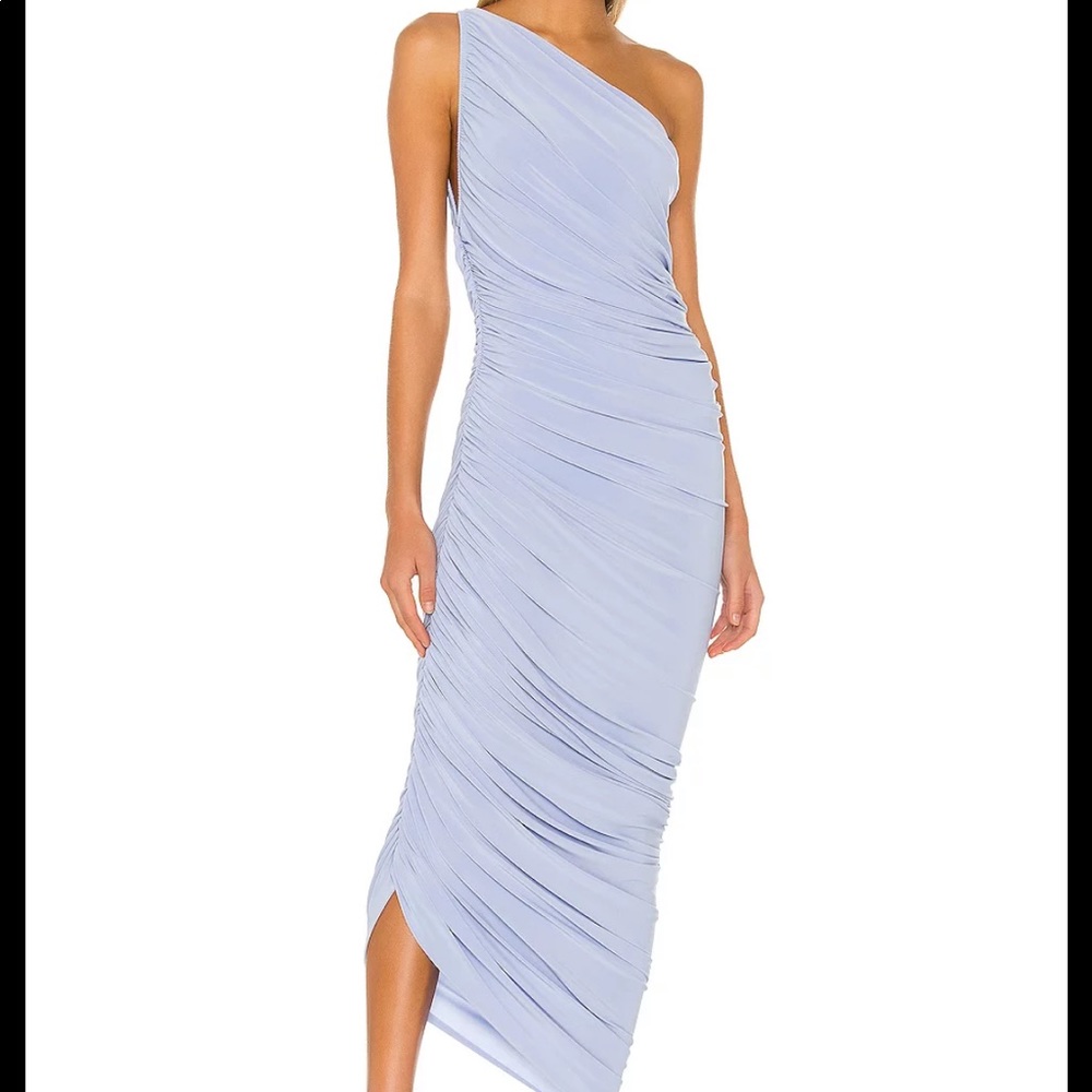 Norma Kamali One-Shoulder Ruched Midi Dress in Celestial Blue XS